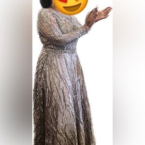 Mac Duggal Embellished Long Sleeve Sequin Lace Gown Mocha dress